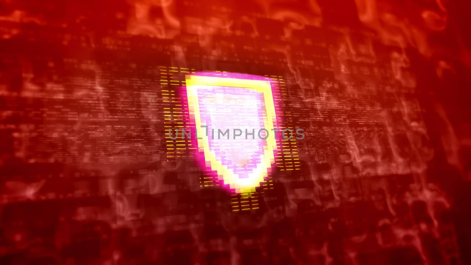 Artistic 3d illustration of a white emblem sign with a pink contour put in the center among yellow lines in the brown background covered with fuzzy forms in a hi-tech presentation
