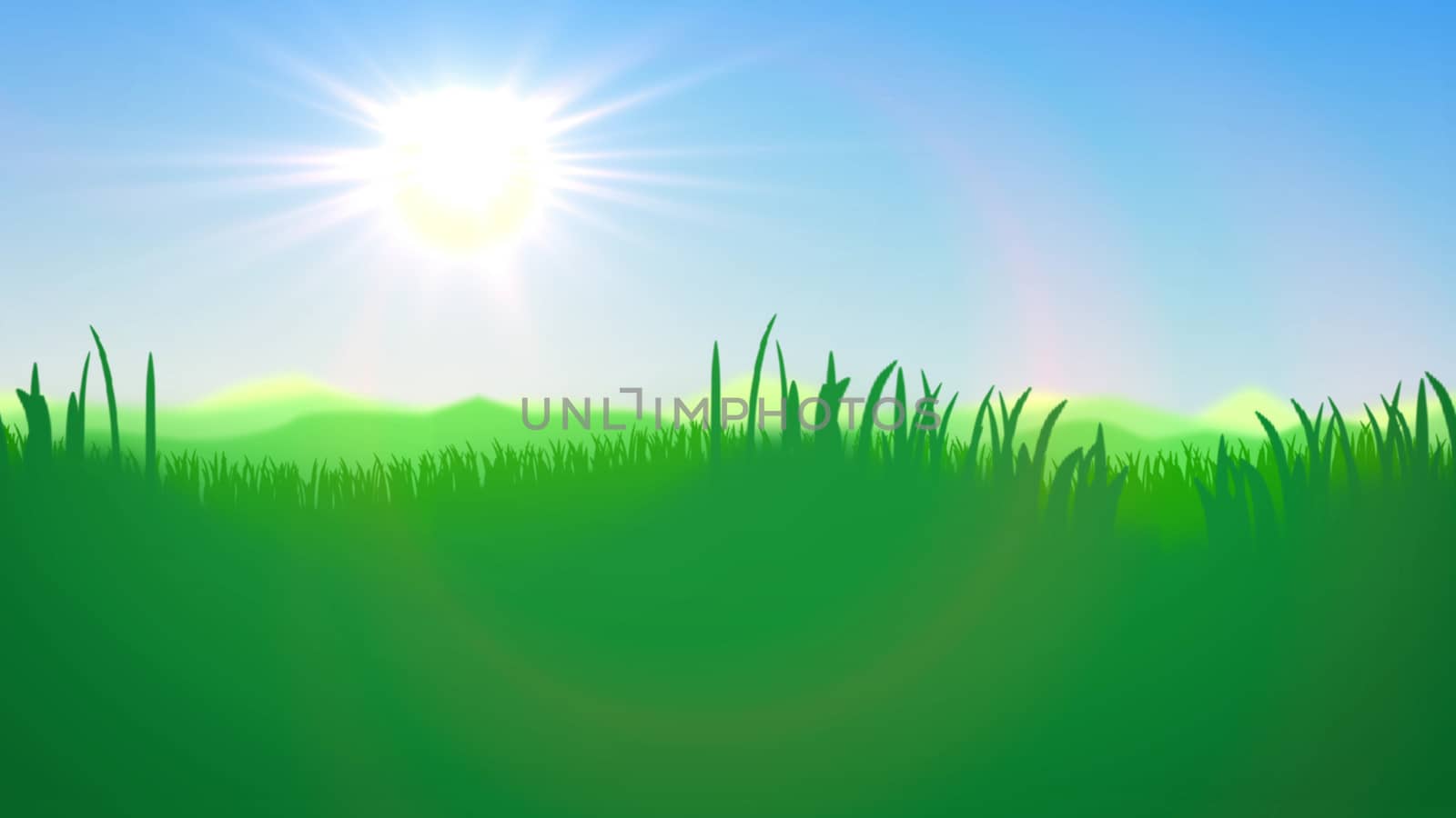 Impressive 3d rendering of a summer sunset in blue and green impressionist colors. The horizon line divides light blue sky and lime green reed, cane and bulrush.