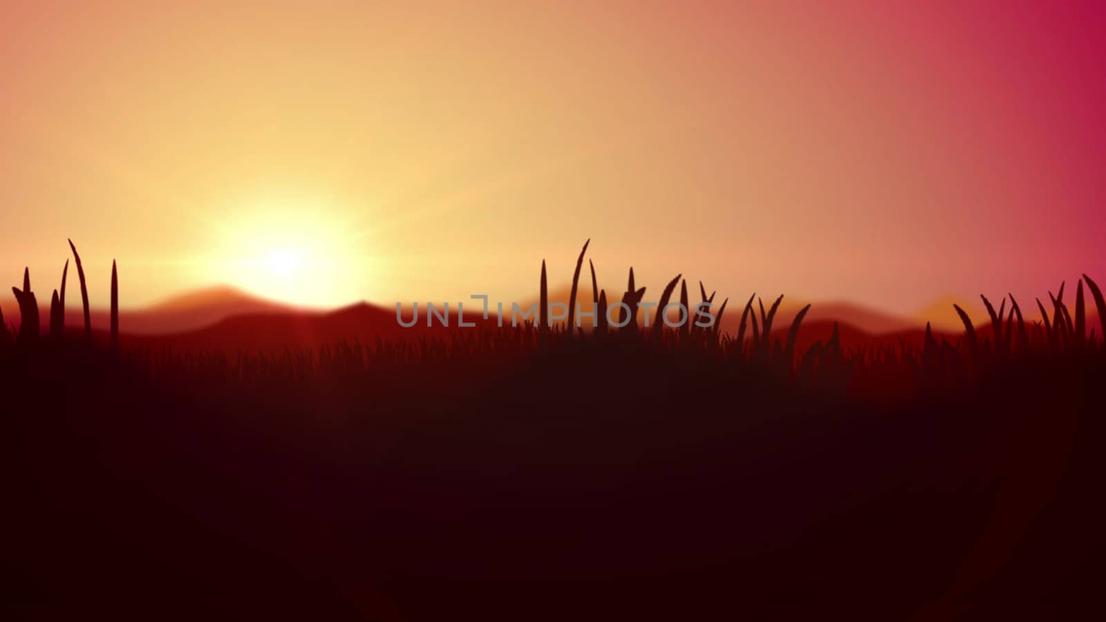 Exciting 3d illustration of a splendid sunset in yallow and brown impressionist colors. The horizon line divides light yellow and pink sky and dark brown reed, cane and bulrush.