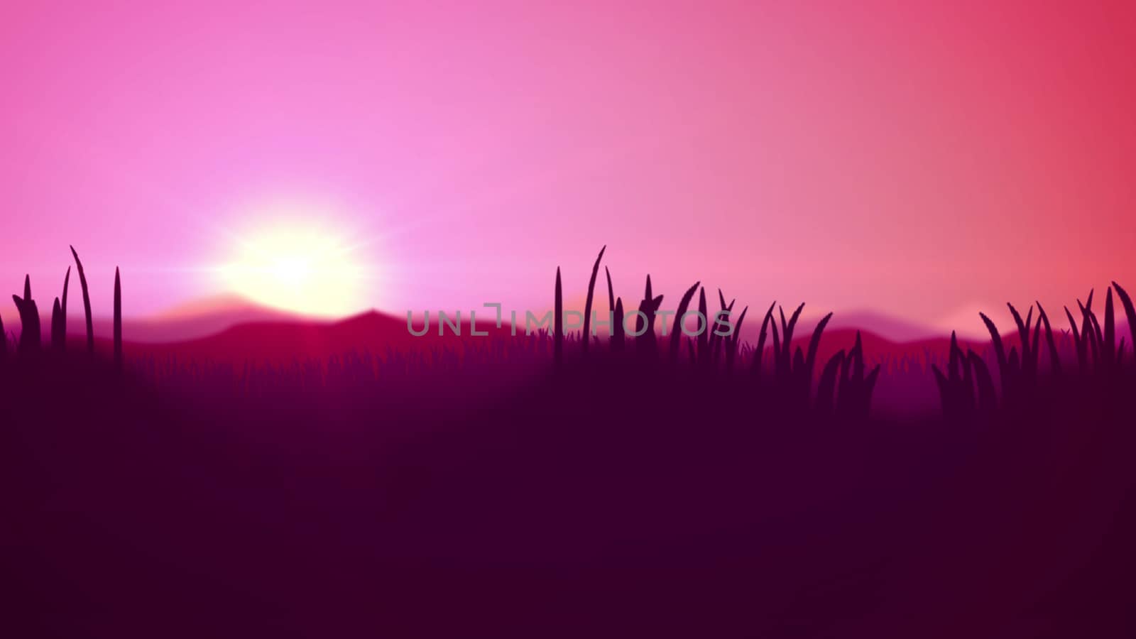 Inspiring 3d rendering of a wonderful sunset in pink and violet impressionist colors. The horizon line divides light pink sky and dark violet wetland with its reed and cane