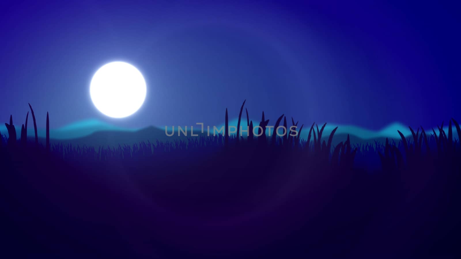 Impressionist 3d illustration of a gorgeous sunset with a huge yellow sun in the light blue sky. The wetland of some lake is covered with dark violet grass, reed and cane
