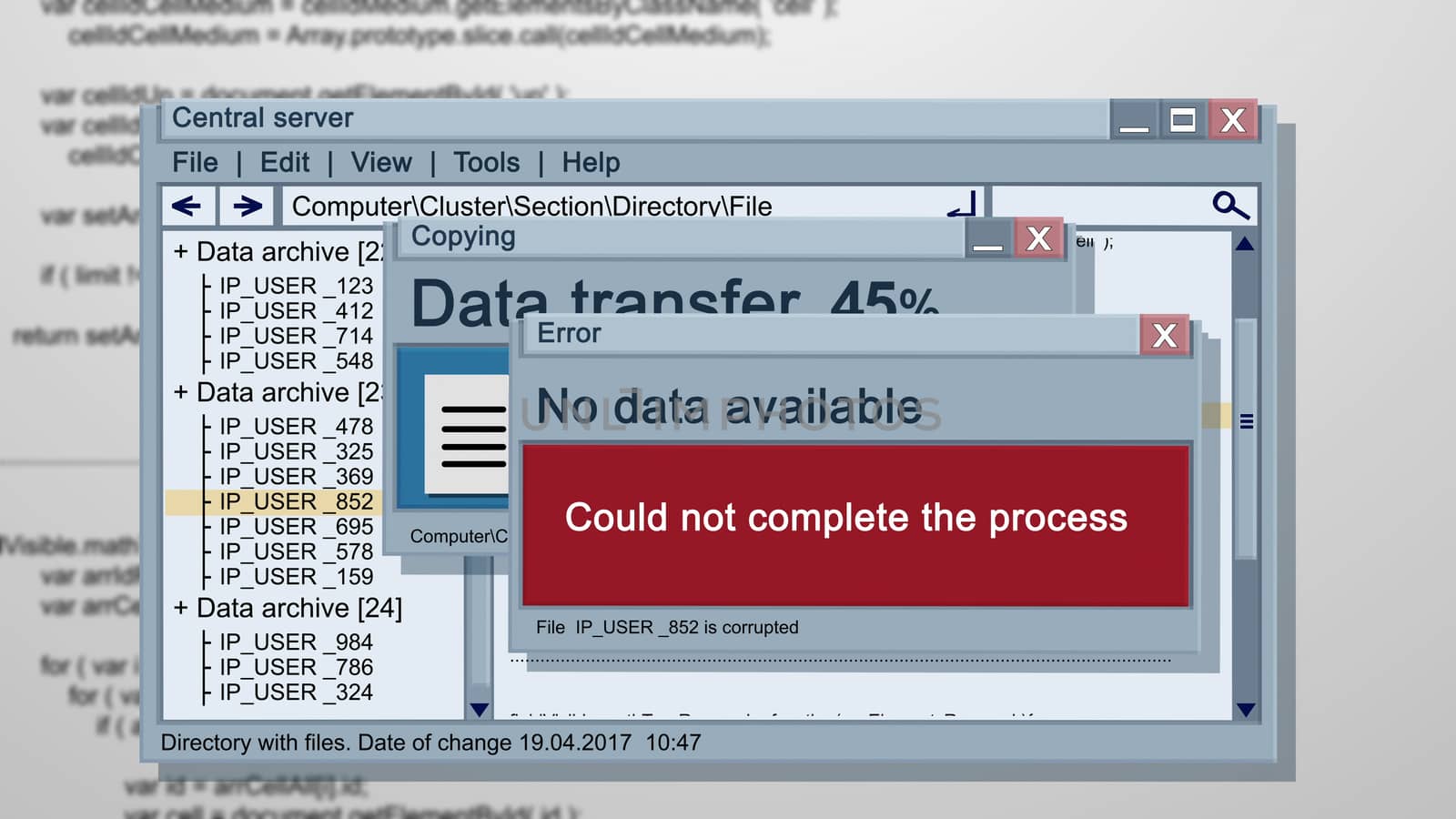 Original 3d rendering of an abstract windows error illustration of a multilayered type. It includes four graphs imposed on each other. No data available. Data transfer. Central server. Windows.
