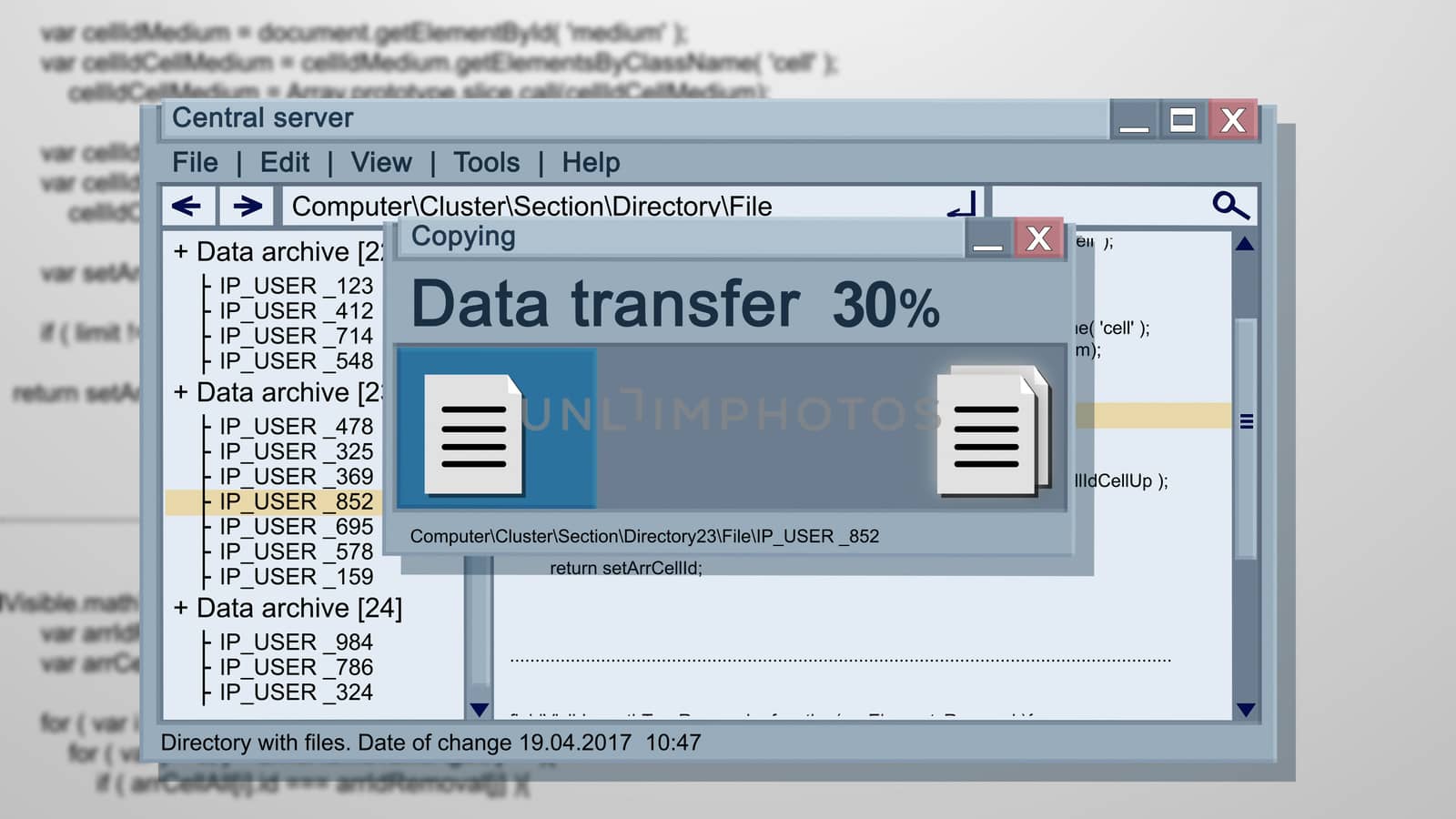 Unusual 3d illustration of an abstract windows data transfer operation of a multilayered character. It includes several pictures imposed on each other. Data transfer 30%. Windows.