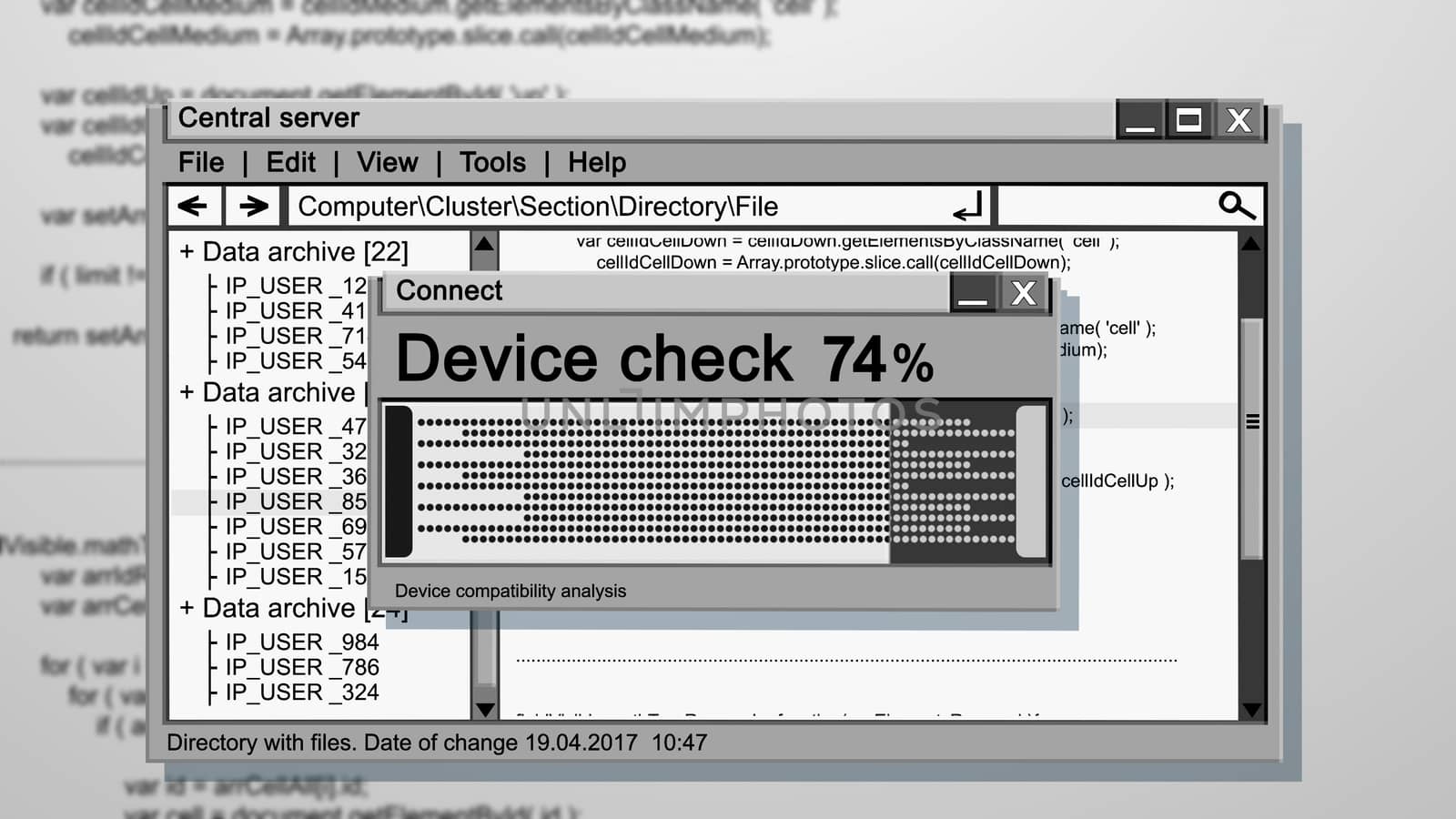 Black and white 3d illustration of an abstract device check illustration. It has three tablets placed on each other. Device check 74 per cent. Central cerver. Windows. 