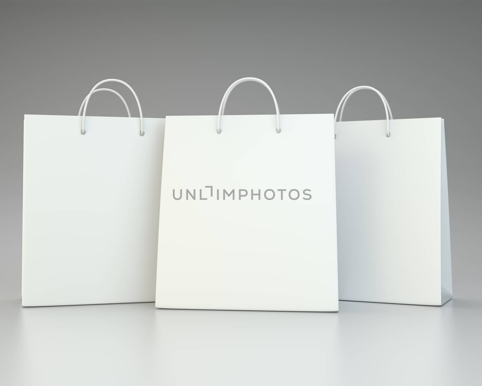 Paper Shopping Bags collection on gray background. 3d rendering