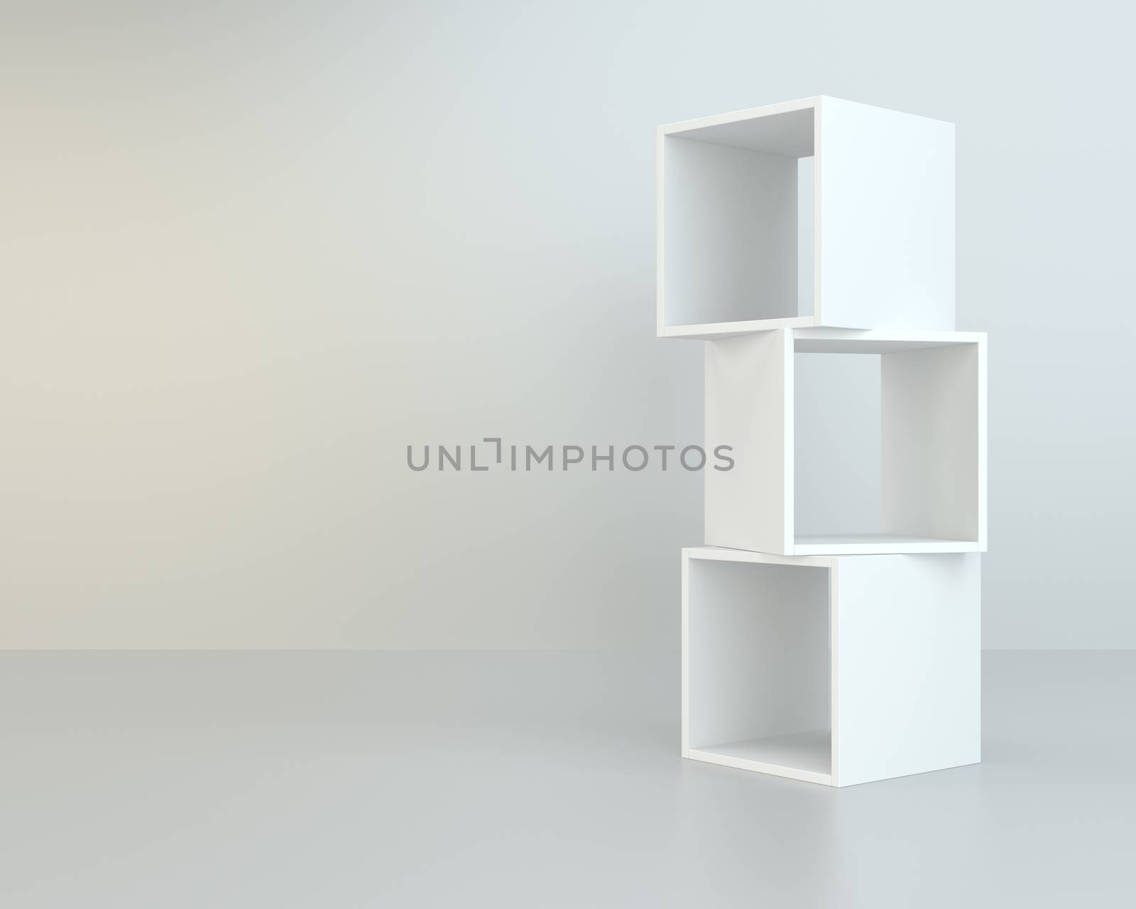 White box shelves. 3d rendering on background room wall and floor reflection.