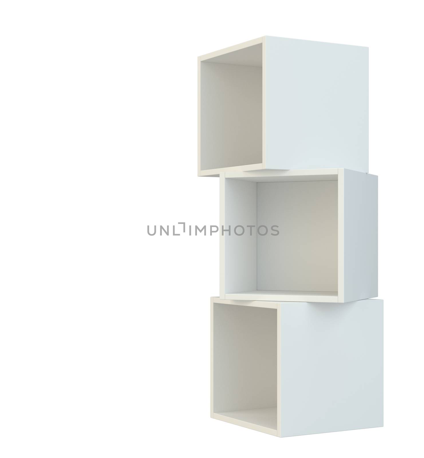 White box shelves. 3d rendering on white background by Mirexon