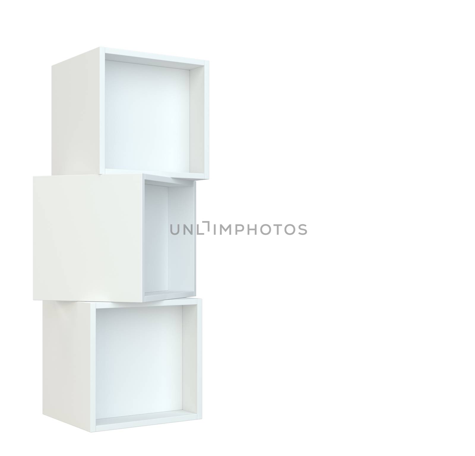 White box shelves. 3d rendering on white background by Mirexon