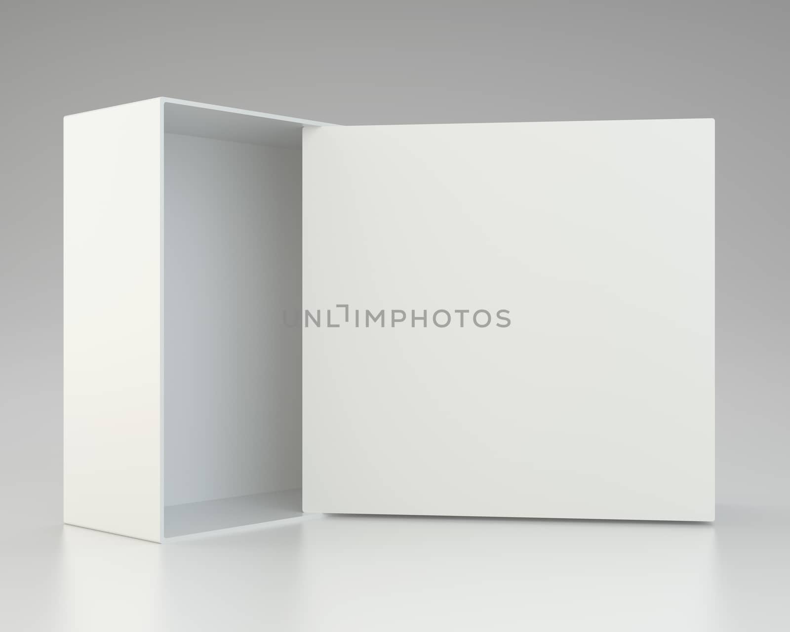 Blank open box on gray background. 3d rendering