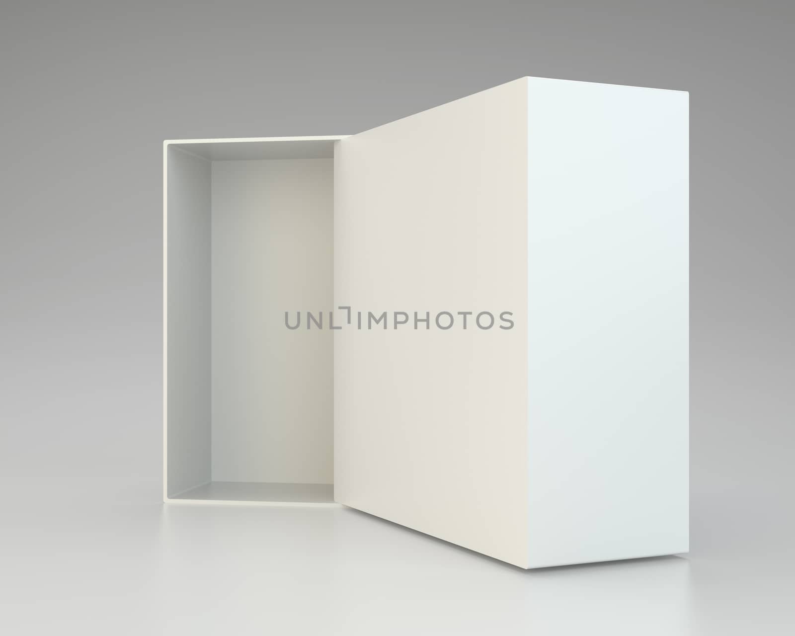 Empty open box on gray background. 3d rendering