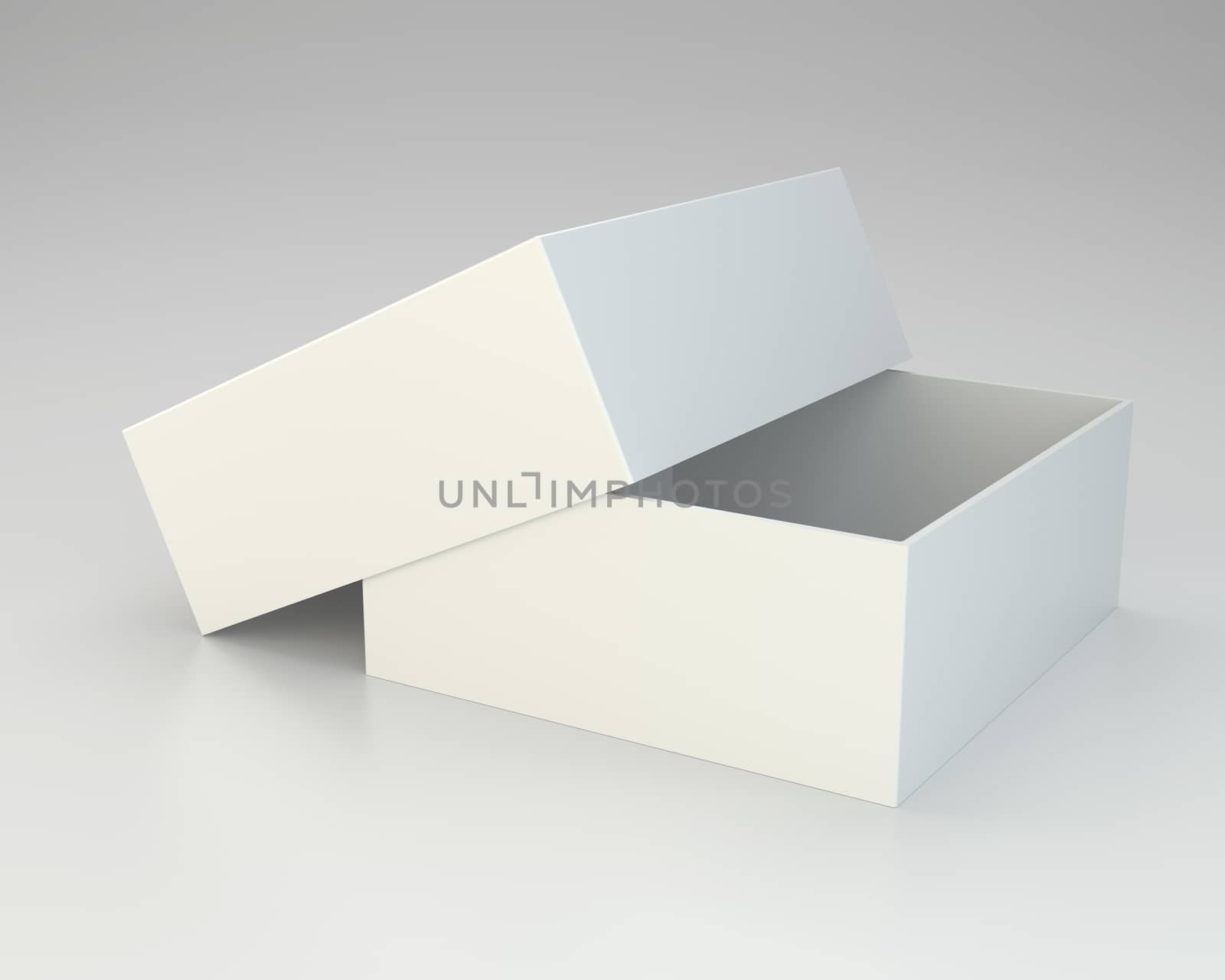 Blank open box on gray background. 3d rendering