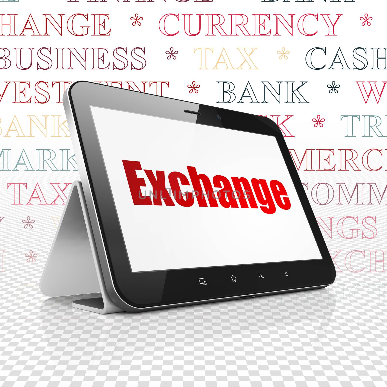 Currency concept: Tablet Computer with  red text Exchange on display,  Tag Cloud background, 3D rendering