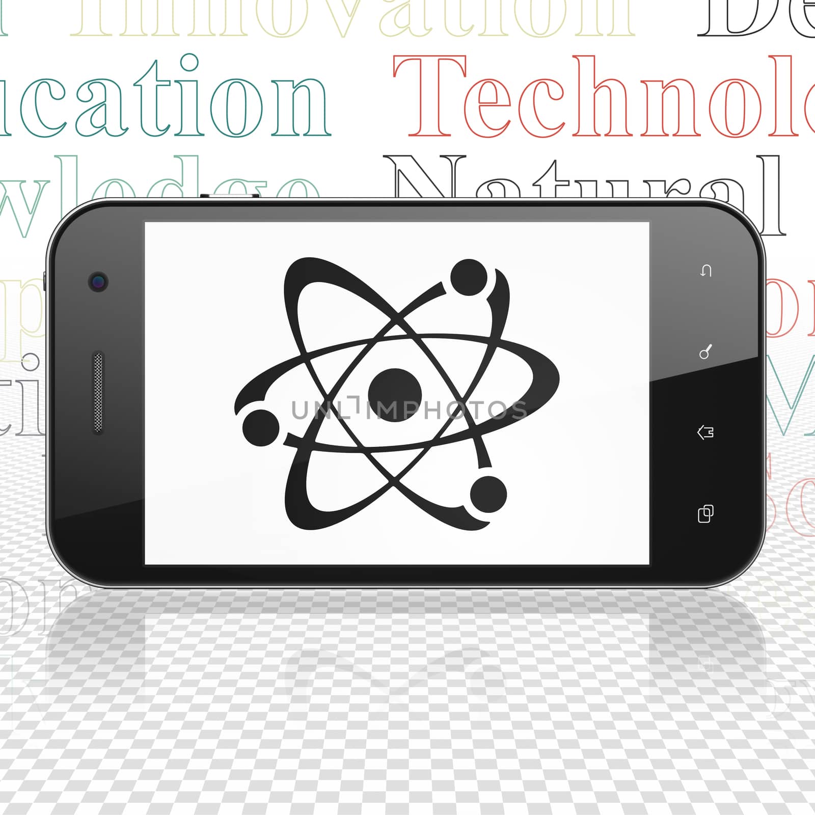 Science concept: Smartphone with  black Molecule icon on display,  Tag Cloud background, 3D rendering