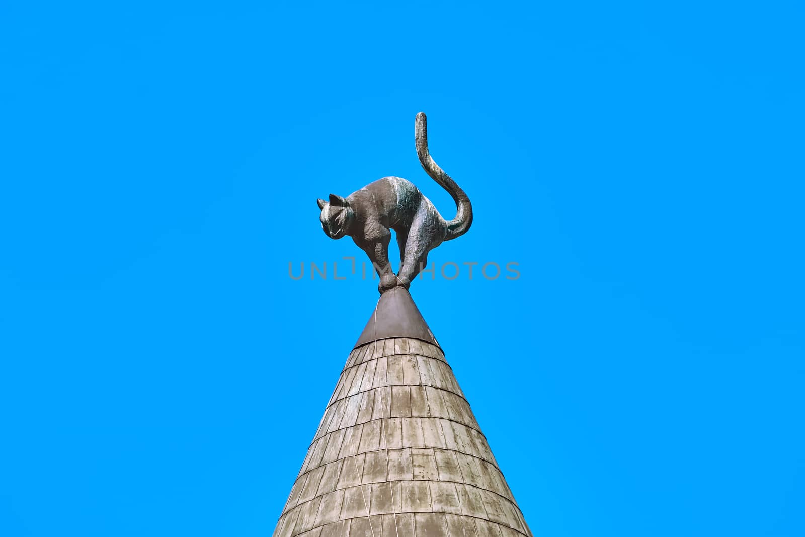 Sculpture of the Angry-looking Cat on Turret Rooftop. Riga, Latvia