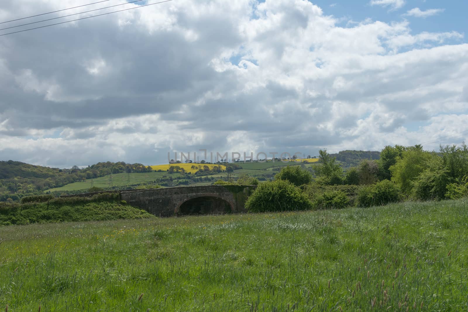 countryside with fields, bridge and rapeseed