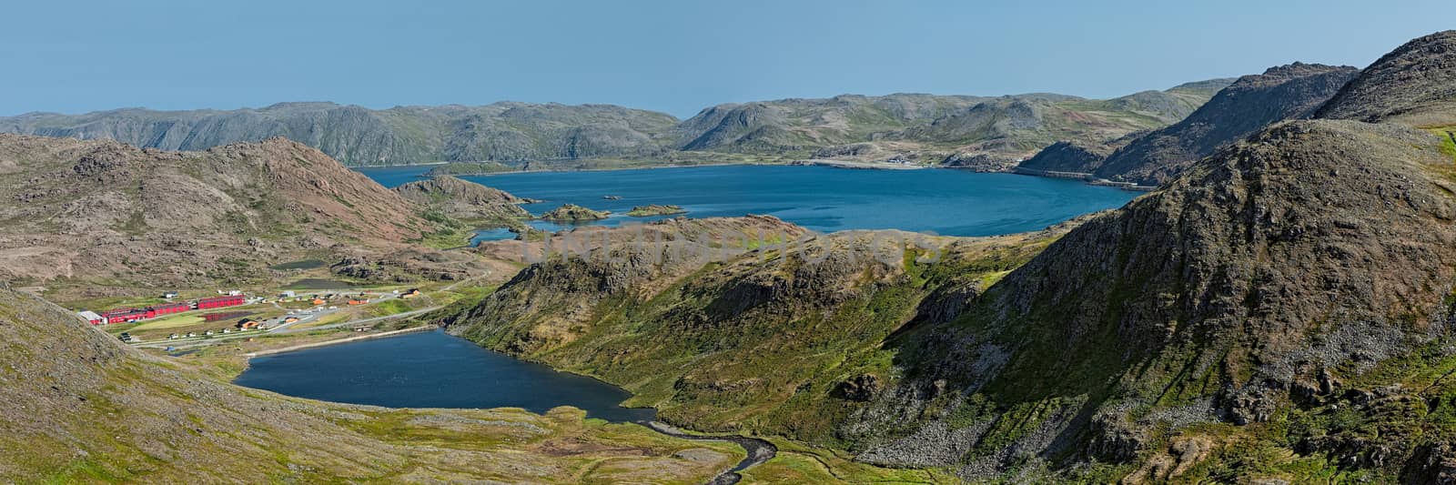 Panoramic view of a lake and the sea near Honningsvag from above, Norway