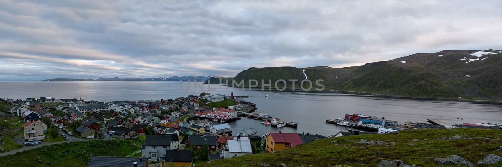Panoramic view of the city and the port of Honningsvag, Norway
