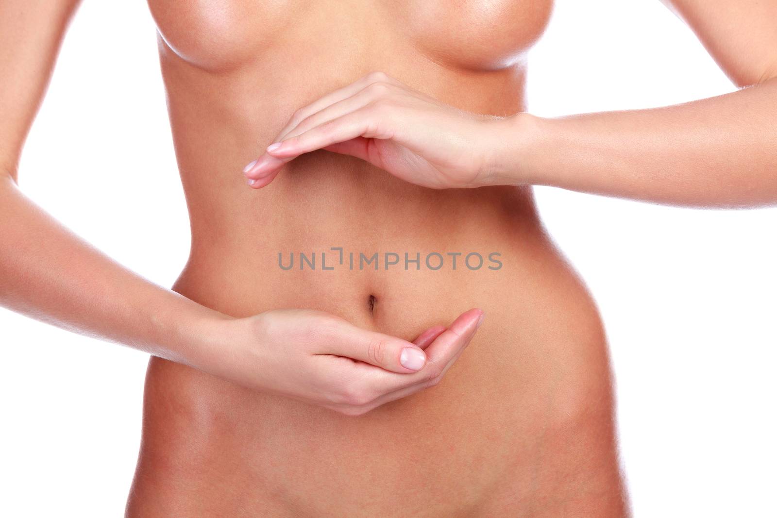 Close up shot of female belly and woman's hands, isolated on whi by Nobilior