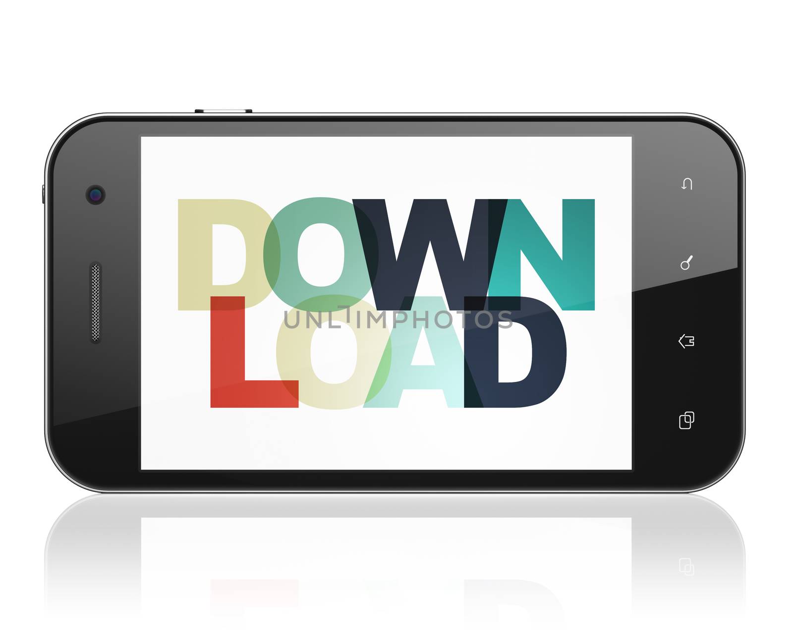 Web development concept: Smartphone with Painted multicolor text Download on display, 3D rendering