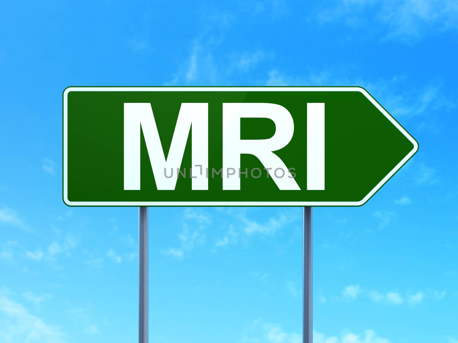 Medicine concept: MRI on green road highway sign, clear blue sky background, 3D rendering