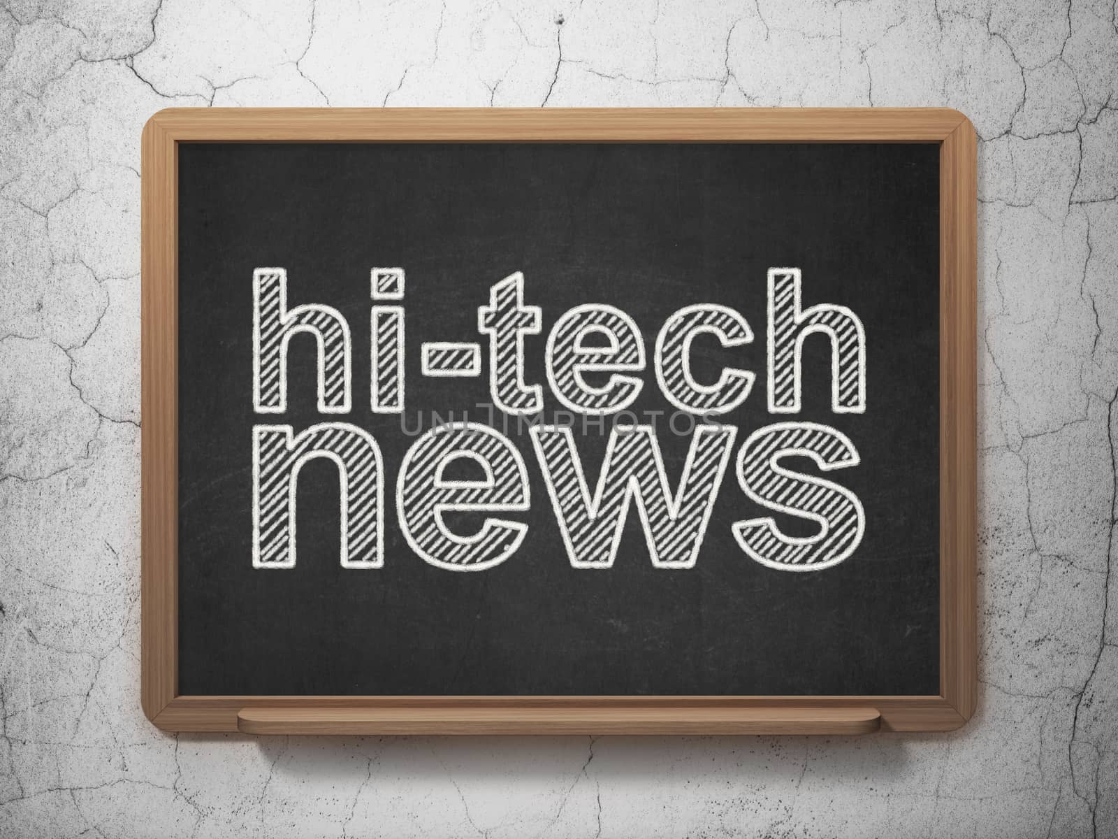 News concept: text Hi-tech News on Black chalkboard on grunge wall background, 3D rendering