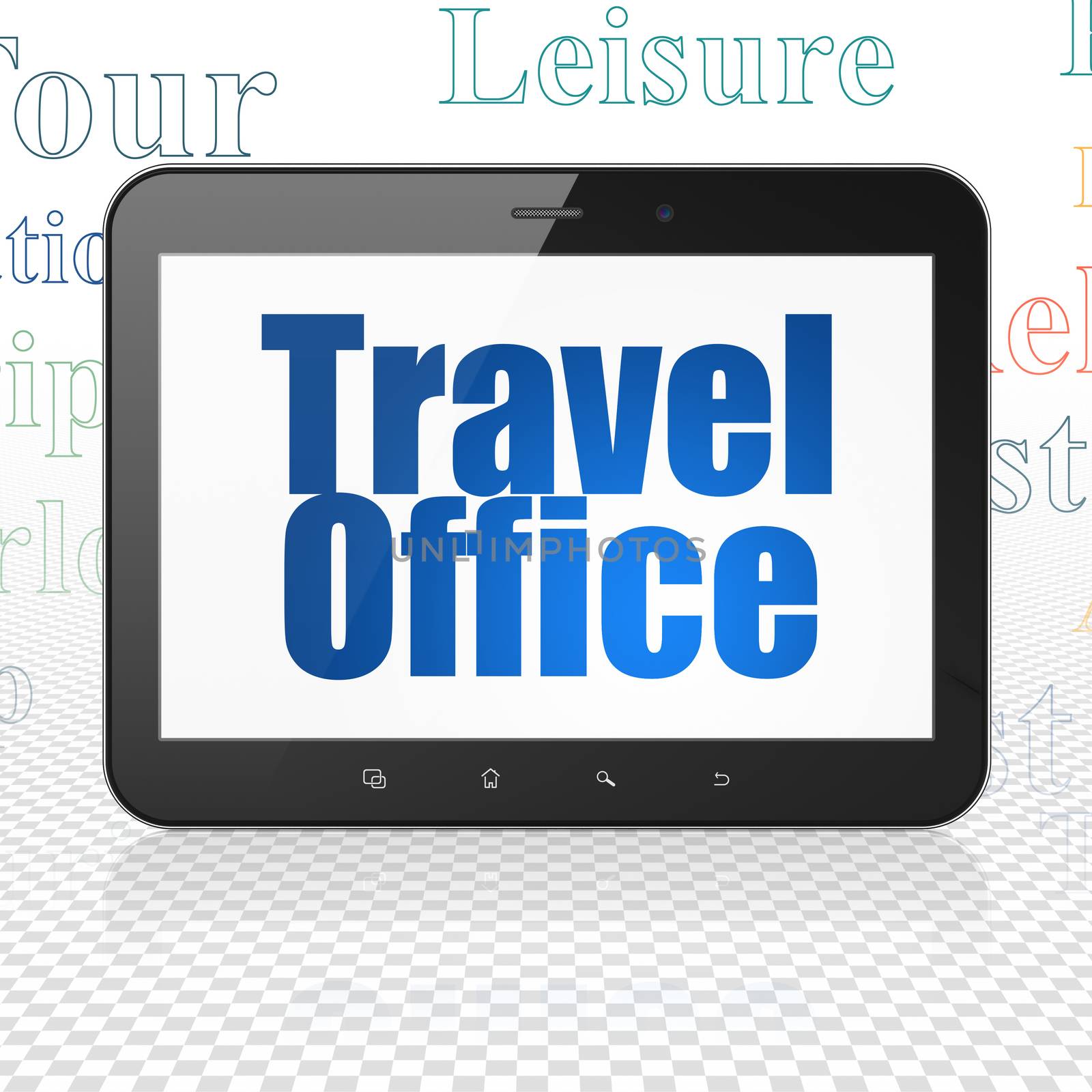 Vacation concept: Tablet Computer with  blue text Travel Office on display,  Tag Cloud background, 3D rendering