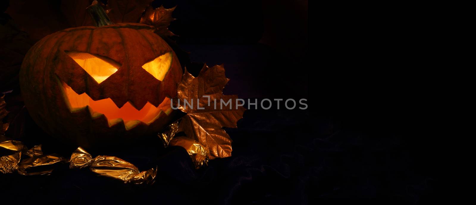 Halloween pumpkin with autumn leafs on black