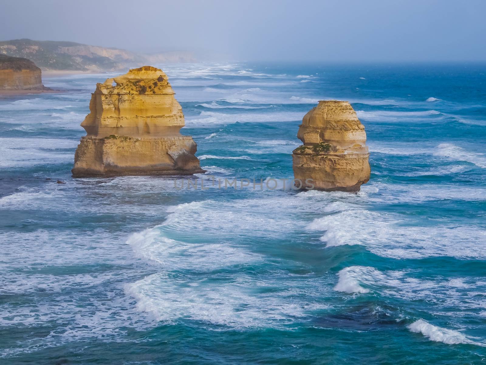 Rock islands along Australian coastline. Tourist attraction and travel destination along Australian coastline, Victoria, Australia