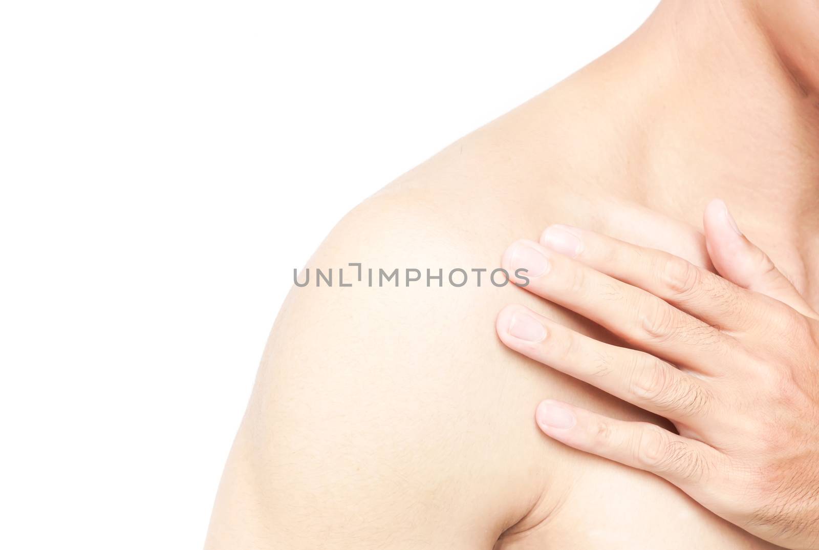 Closeup man holding shoulder with pain, healthy care and medical concept