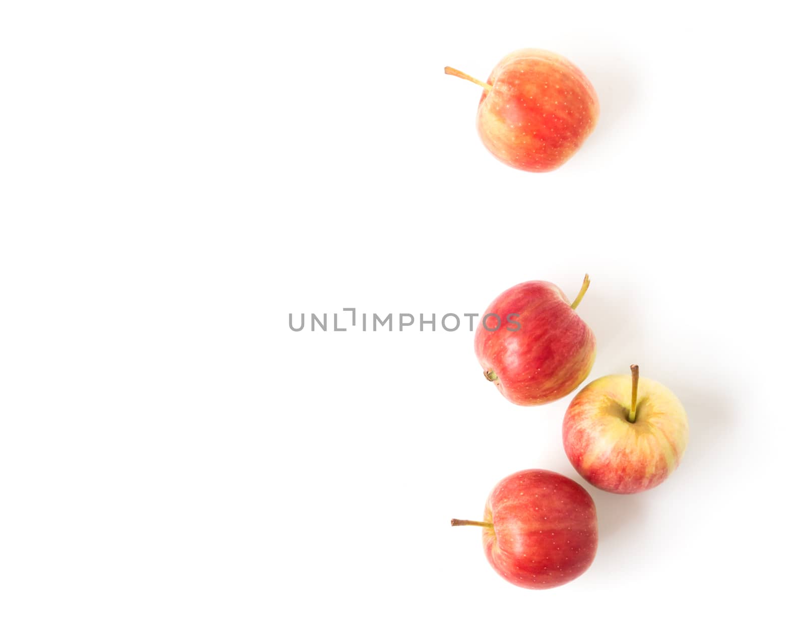 Closeup top view red apple on white background with copy space, fruit healthy concept