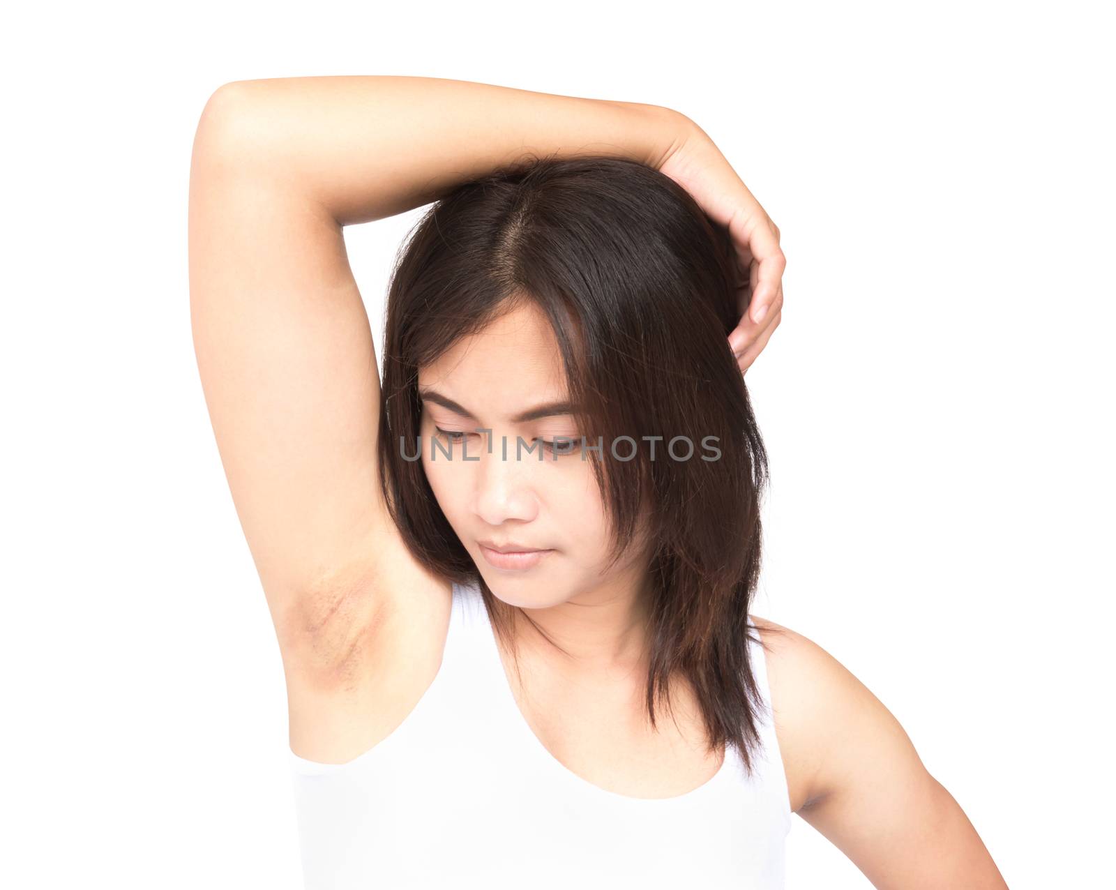 Women problem black armpit on white background for skin care and beauty concept