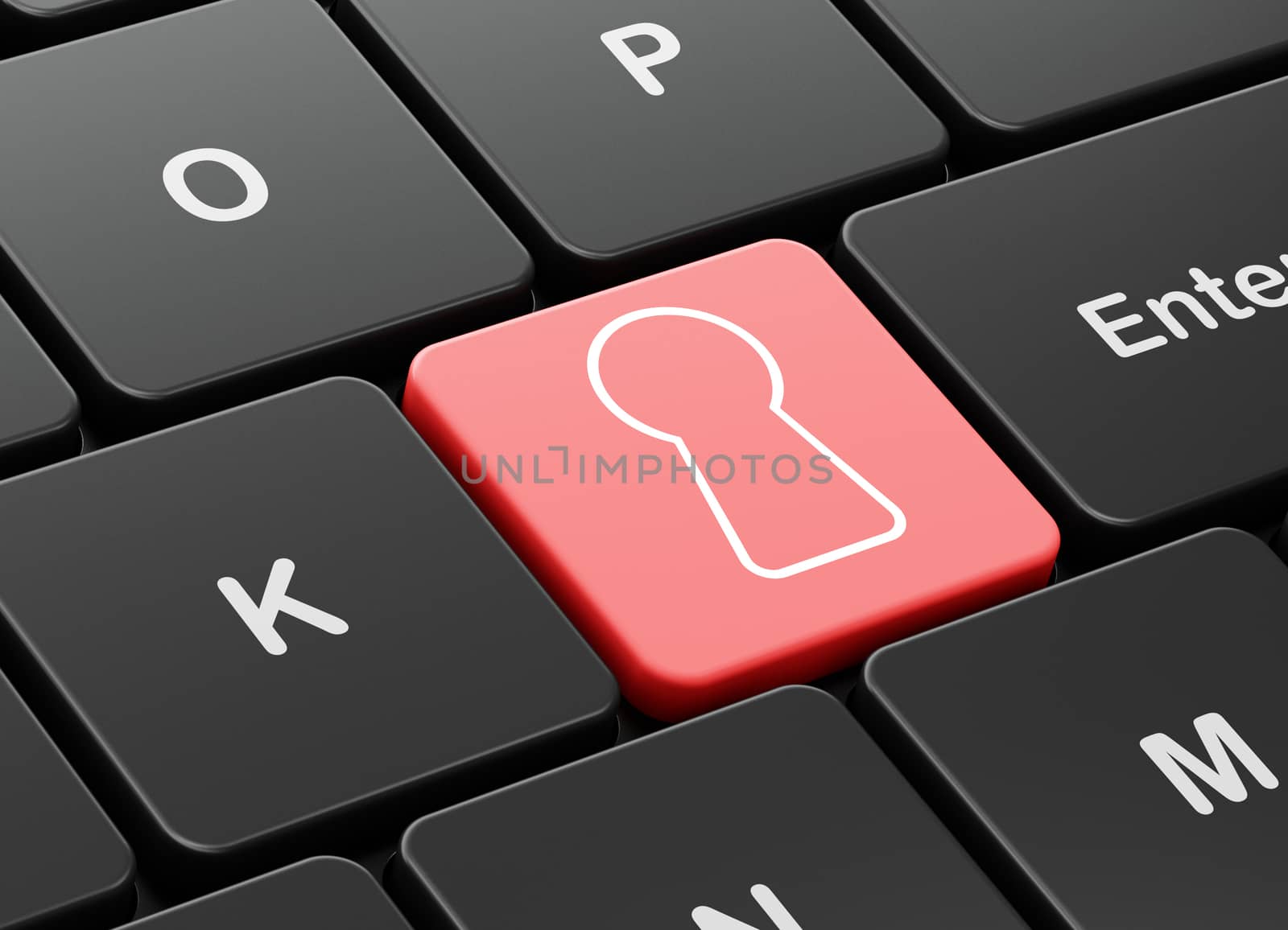 Safety concept: computer keyboard with Keyhole icon on enter button background, 3D rendering