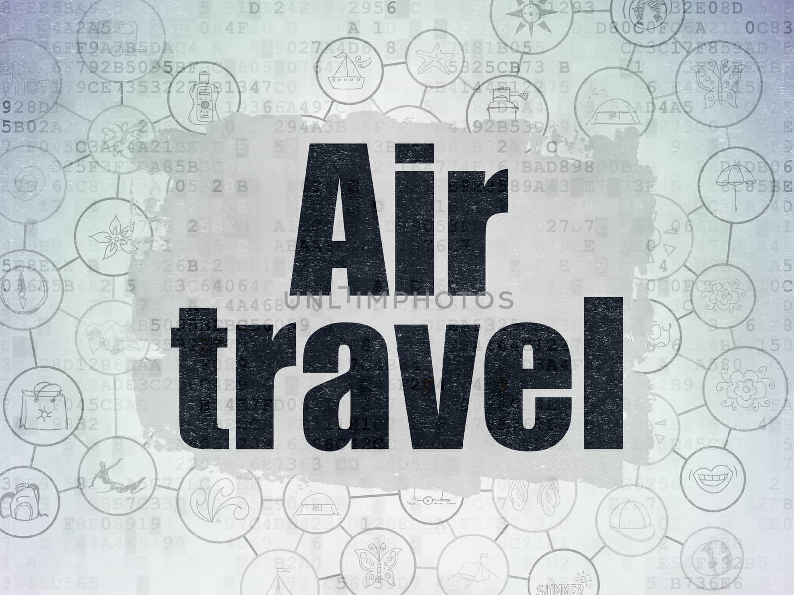 Travel concept: Painted black text Air Travel on Digital Data Paper background with  Scheme Of Hand Drawn Vacation Icons