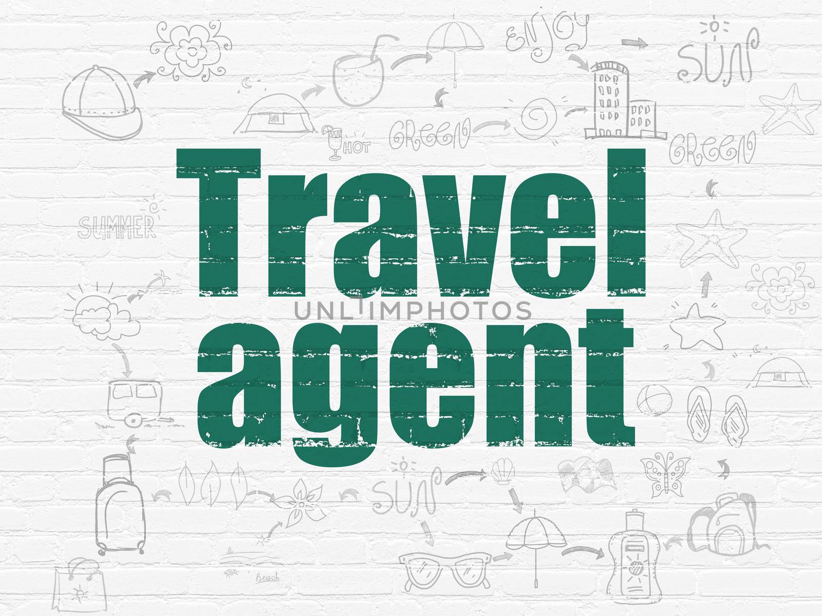 Tourism concept: Painted green text Travel Agent on White Brick wall background with Scheme Of Hand Drawn Vacation Icons