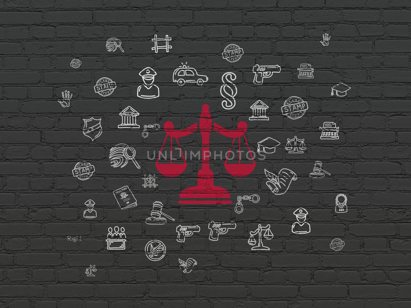 Law concept: Painted red Scales icon on Black Brick wall background with  Hand Drawn Law Icons