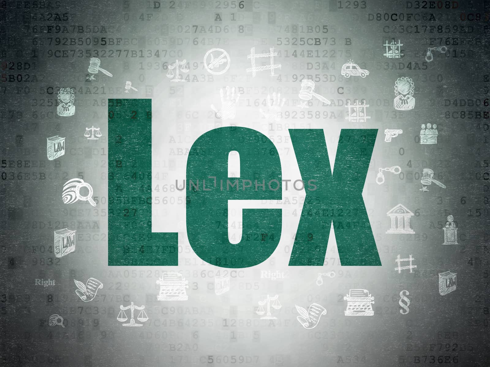 Law concept: Painted green text Lex on Digital Data Paper background with  Hand Drawn Law Icons