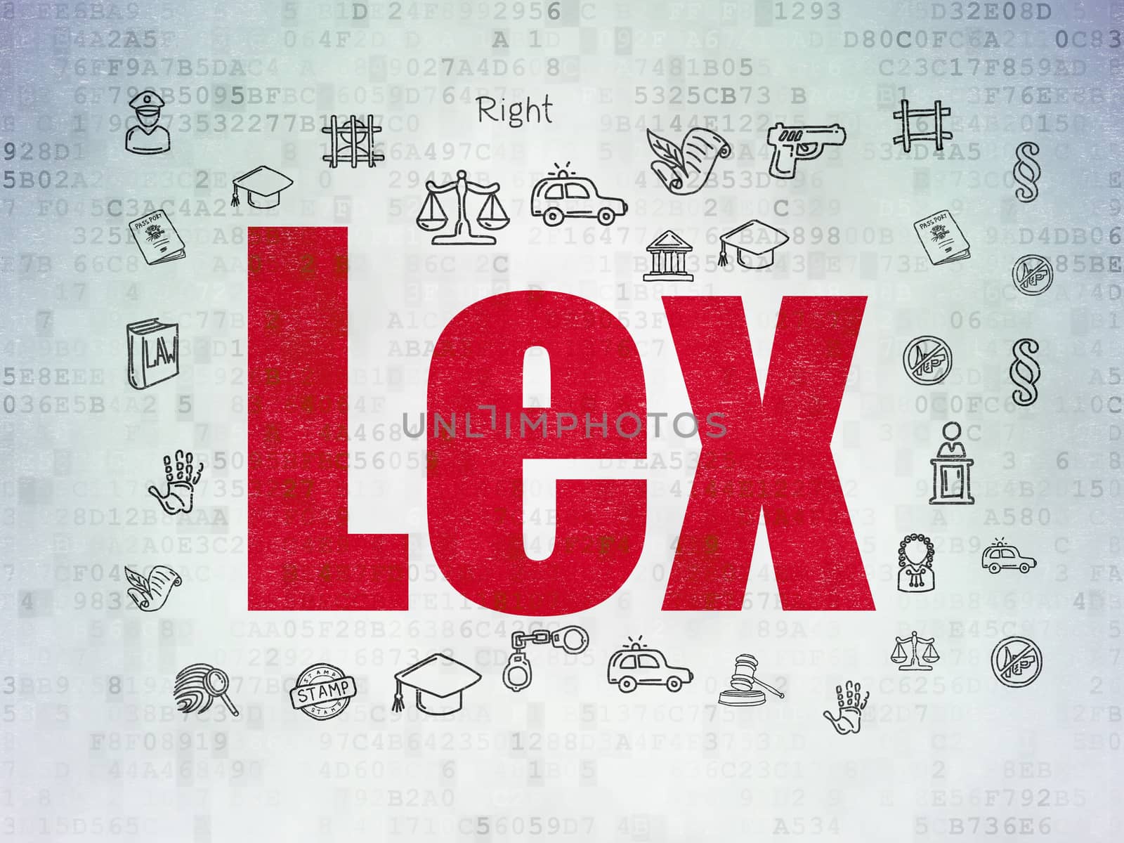 Law concept: Painted red text Lex on Digital Data Paper background with  Hand Drawn Law Icons