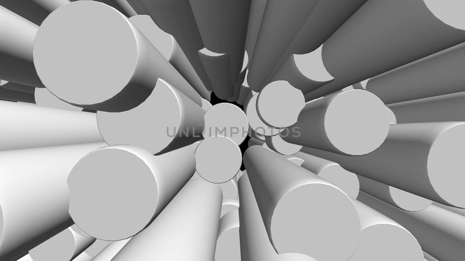 Abstract background with white cylinders on black backdrop. 3D rendering