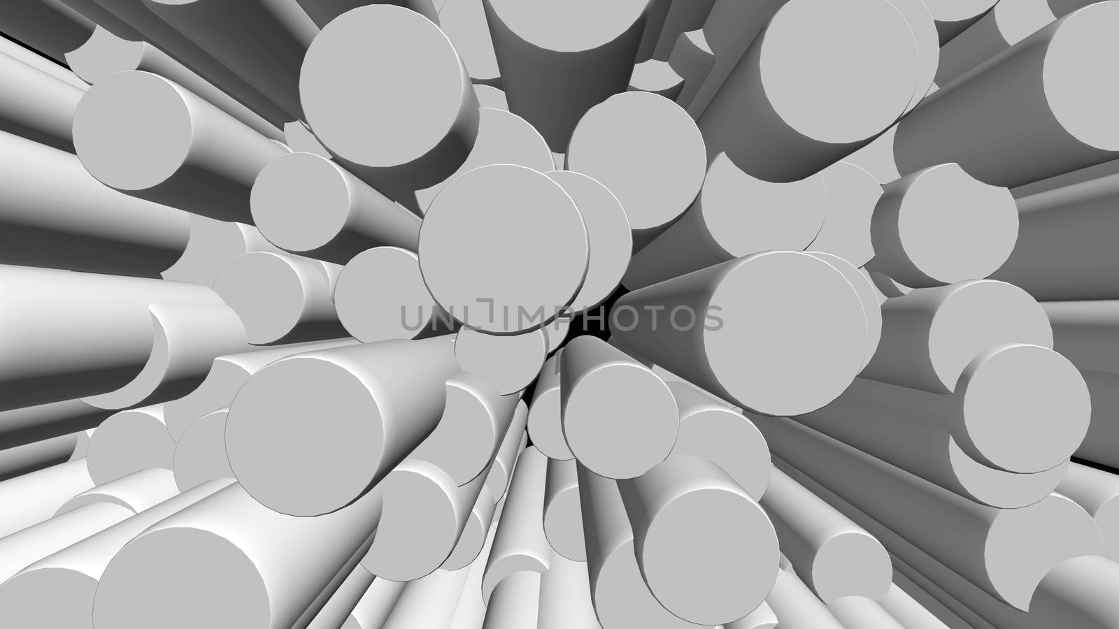 Abstract background with white cylinders on black backdrop. 3D rendering