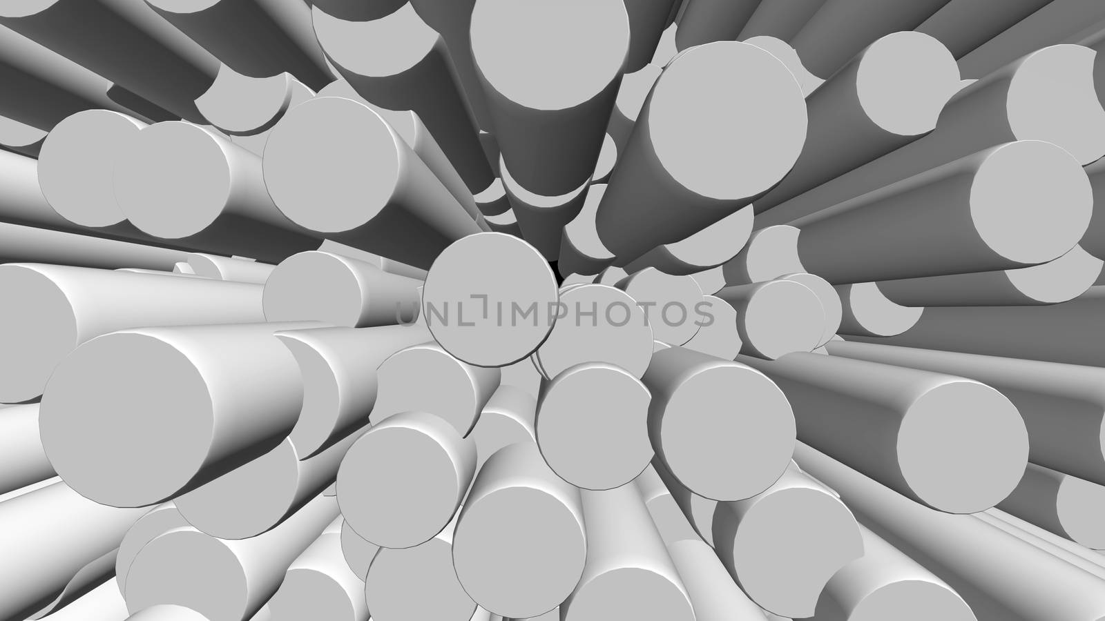 Abstract background with white cylinders on black backdrop. 3D rendering