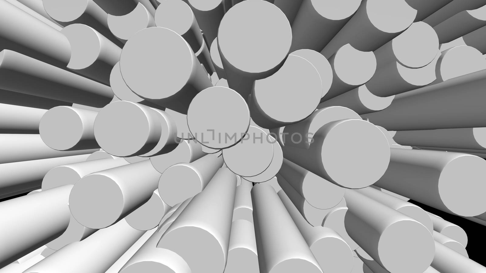 Abstract background with white cylinders on black backdrop. 3D rendering