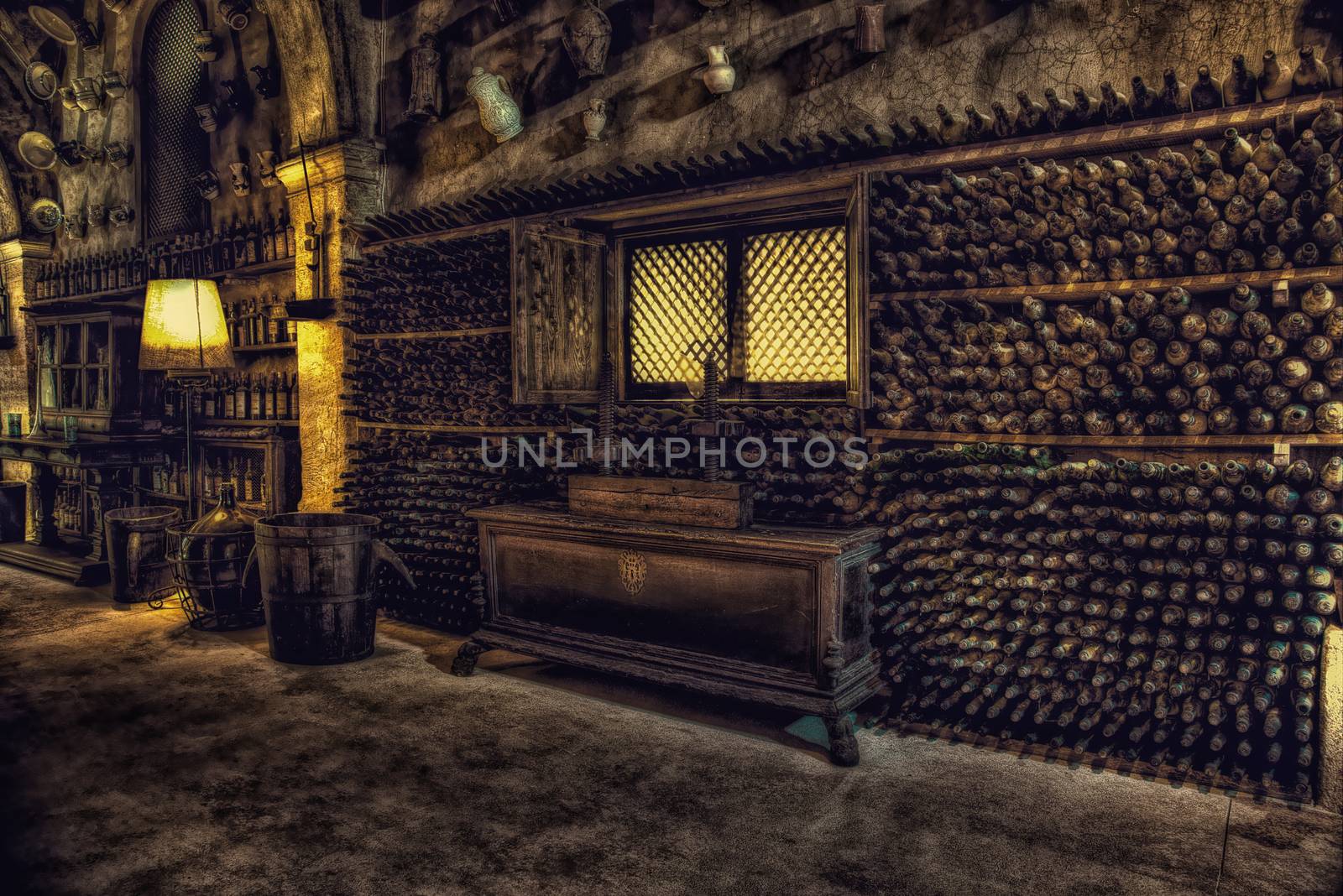 Historic wine cellar with wine bottles