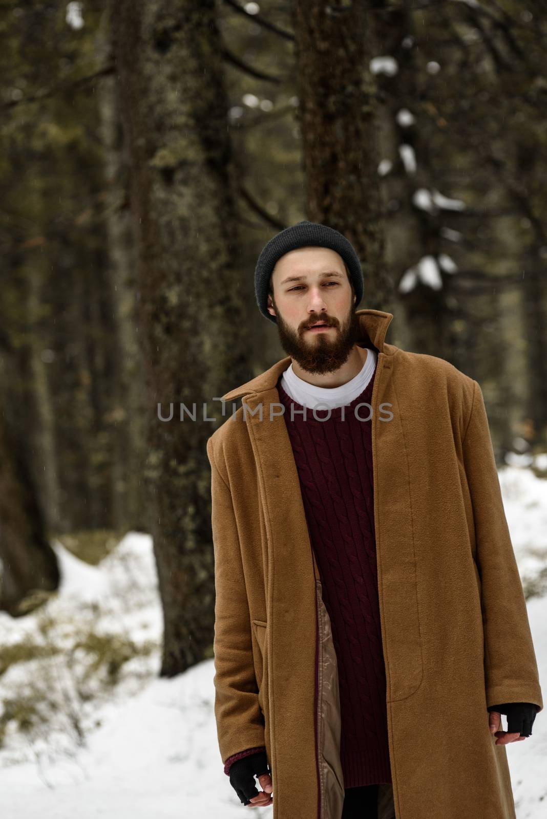 man in the winter forest is cold and in a brown coat and gloves