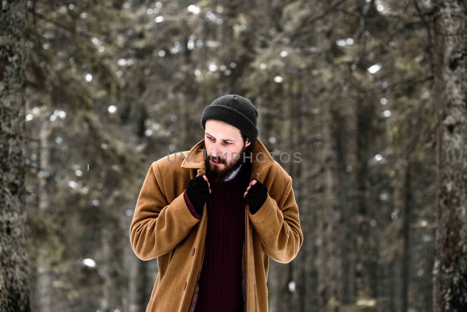 man in the winter forest is cold and in a brown coat and gloves