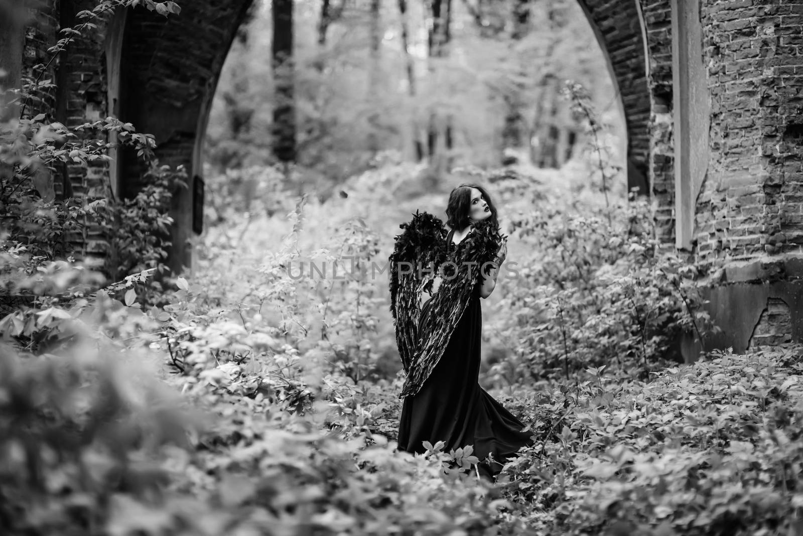 Fallen angel with black wings in the old forest