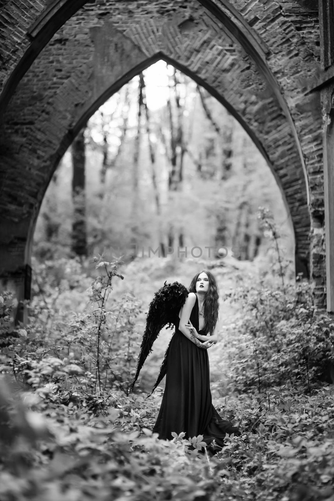 Fallen angel with black wings in the old forest