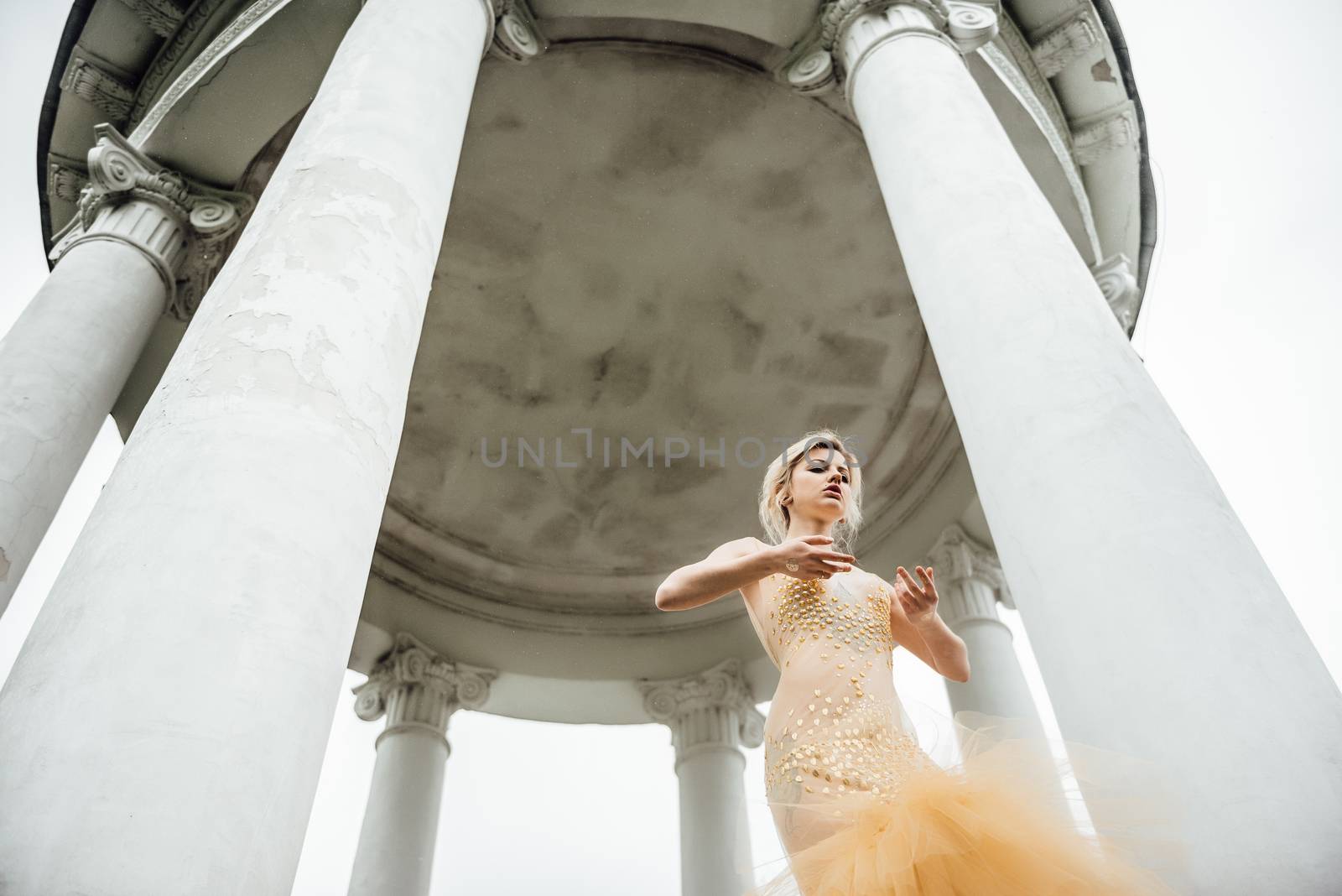 model girl dress gold angel posing in the woods near the old columns