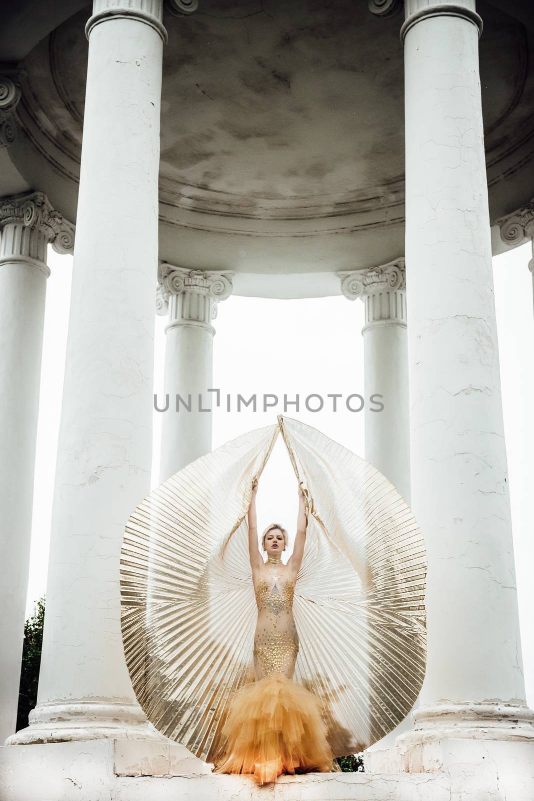 model girl dress gold angel posing in the woods near the old columns