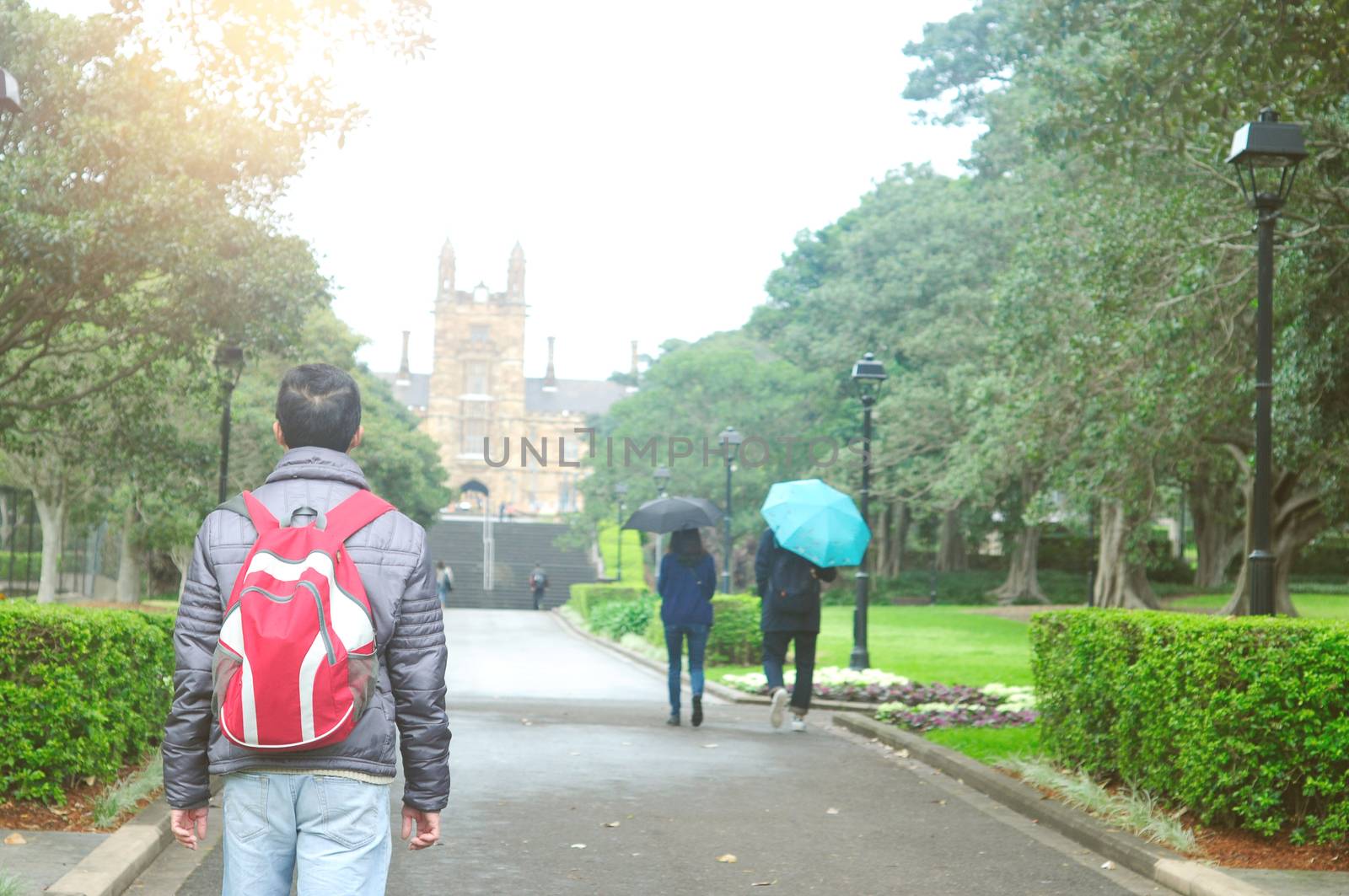 Student walking in street at University of Sydney