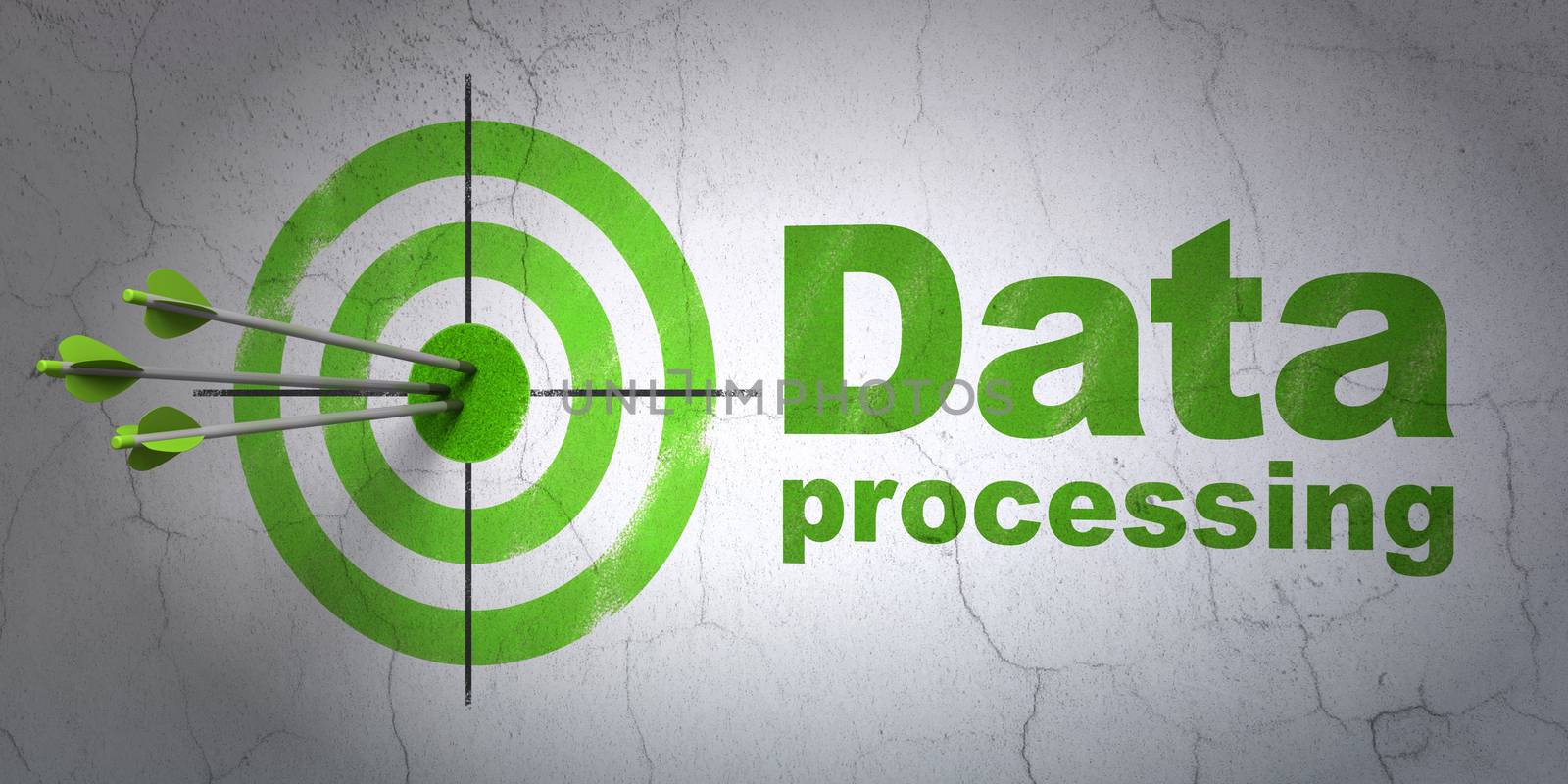 Success Information concept: arrows hitting the center of target, Green Data Processing on wall background, 3D rendering